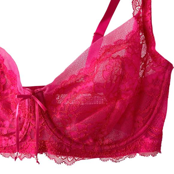 NEW SKARLETT BLUE Sheer Lace Balconette Bra Poppy Pink Size 32DD Adjustable - Picture 2 of 6